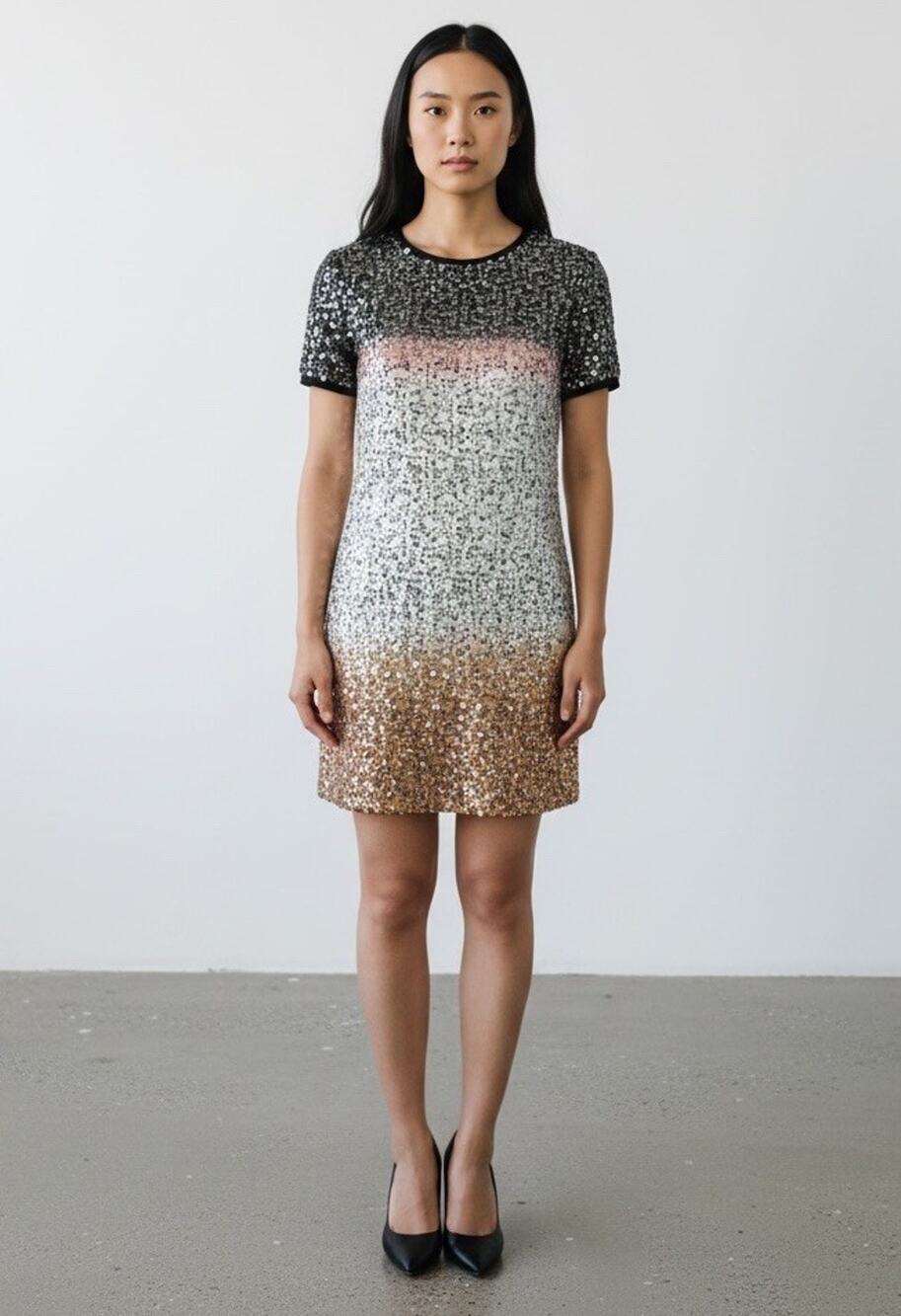 Diane Von Furstenberg Sequin Shift Dress Size 6 Ombre Black Gold Cocktail Party